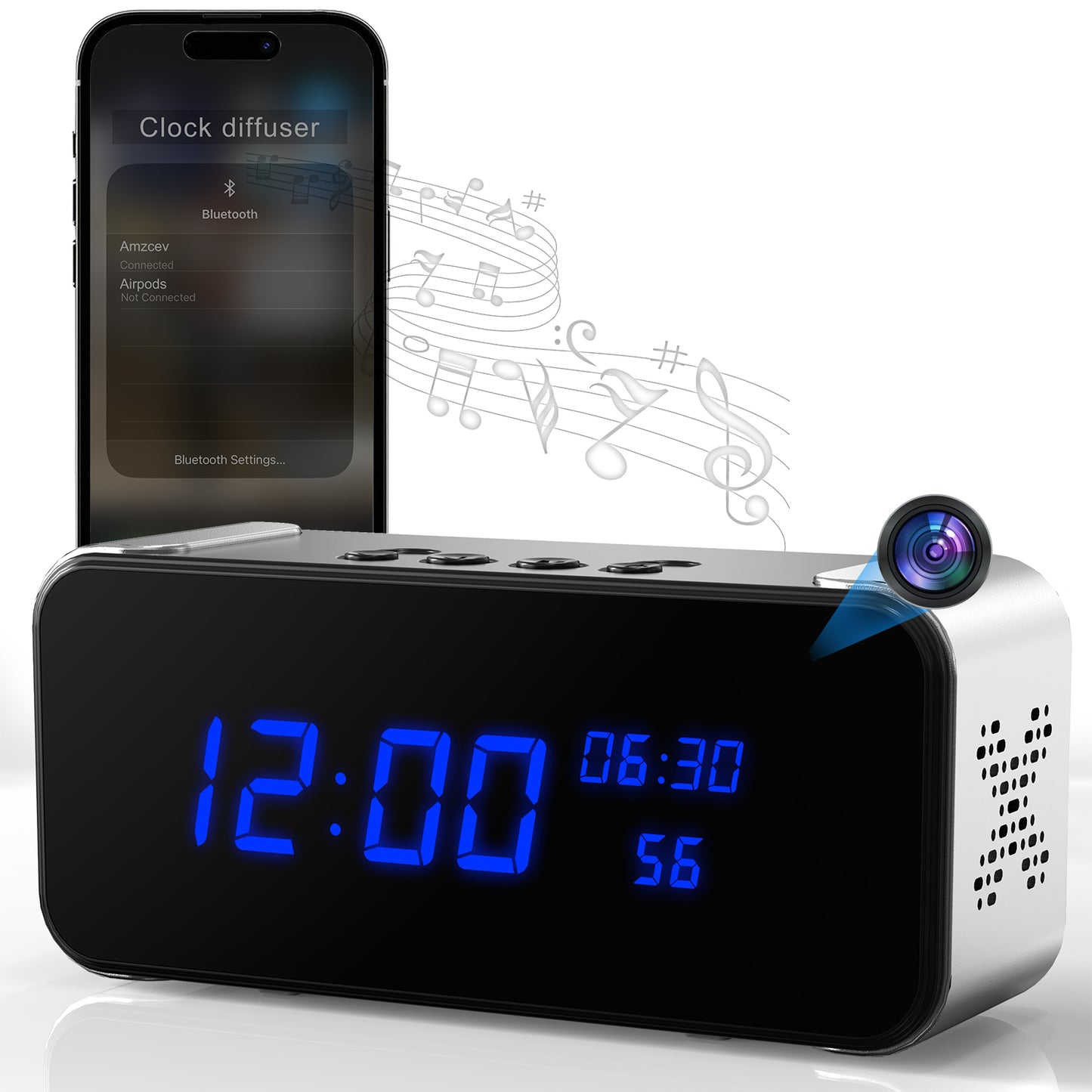 Hidden Camera Clock with Bluetooth Speaker Spy Camera with Audio and Full HD Video for Indoor, Office, Store