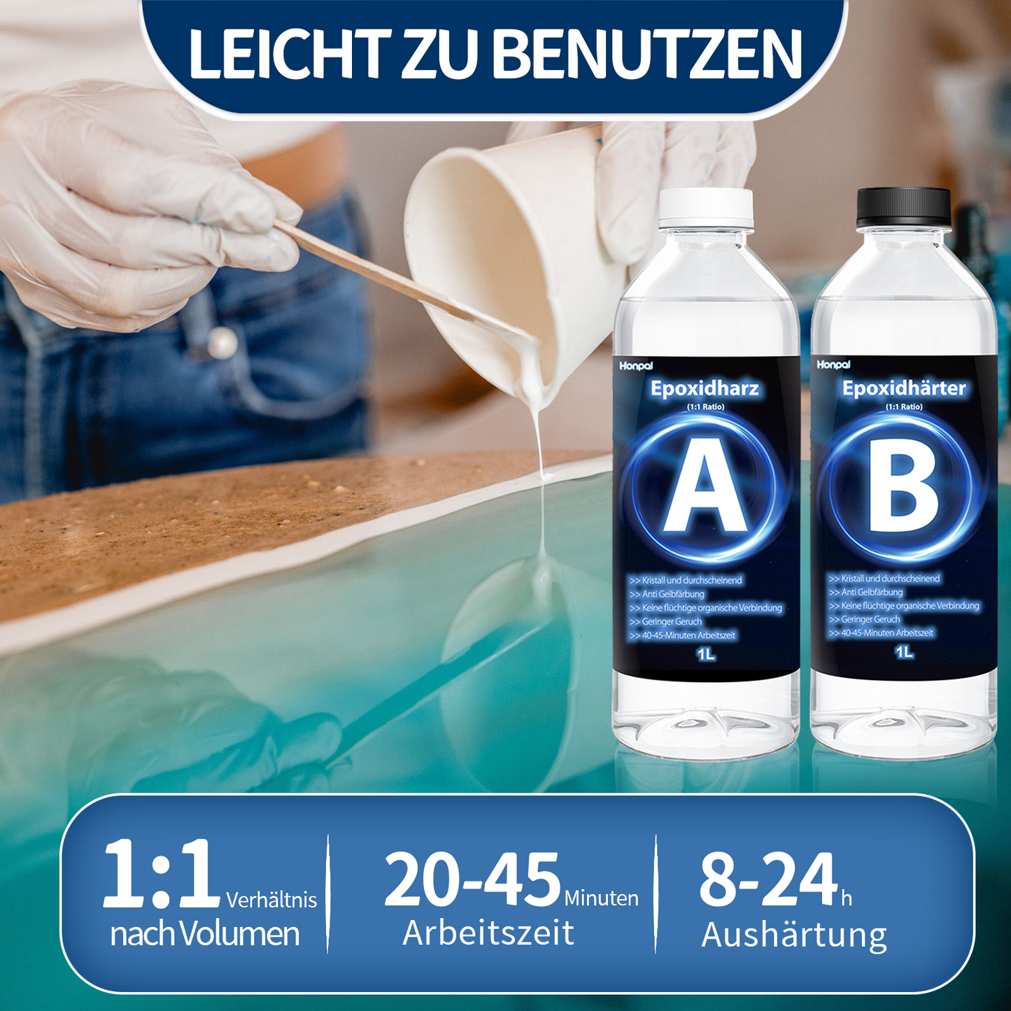 Jookace Epoxidharz Set Anfänger 2000ml Gießharz Set Ratio 1:1 für DIY-Kunst, Schmuck, Tumbler Handwerk, Undersetzer, Flusstische, Mit Formen, 6 Pigment (1000ml x 2)