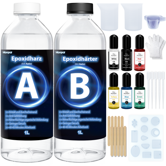 Jookace Epoxidharz Set Anfänger 2000ml Gießharz Set Ratio 1:1 für DIY-Kunst, Schmuck, Tumbler Handwerk, Undersetzer, Flusstische, Mit Formen, 6 Pigment (1000ml x 2)