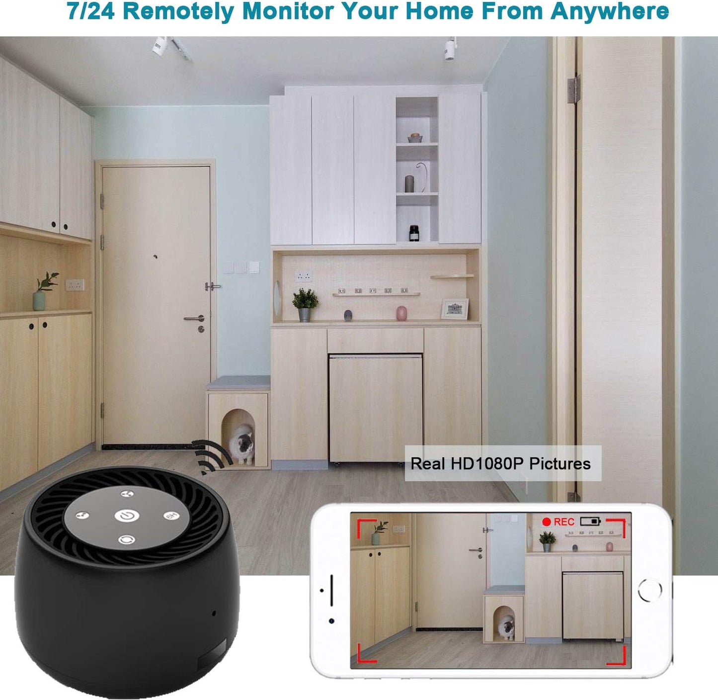 Wireless-WiFi-Security-Mini-Camera, Real 1080P Full HD with Night Vision and Motion Detection Recording, 2-IN-1 Real-time Monitoring for Home/Office, Work with IOS&Android APP(Support 2.4G and 5G)