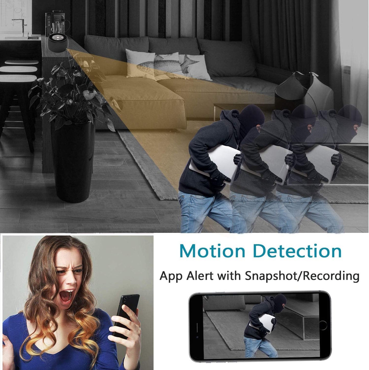 Wireless-WiFi-Security-Mini-Camera, Real 1080P Full HD with Night Vision and Motion Detection Recording, 2-IN-1 Real-time Monitoring for Home/Office, Work with IOS&Android APP(Support 2.4G and 5G)