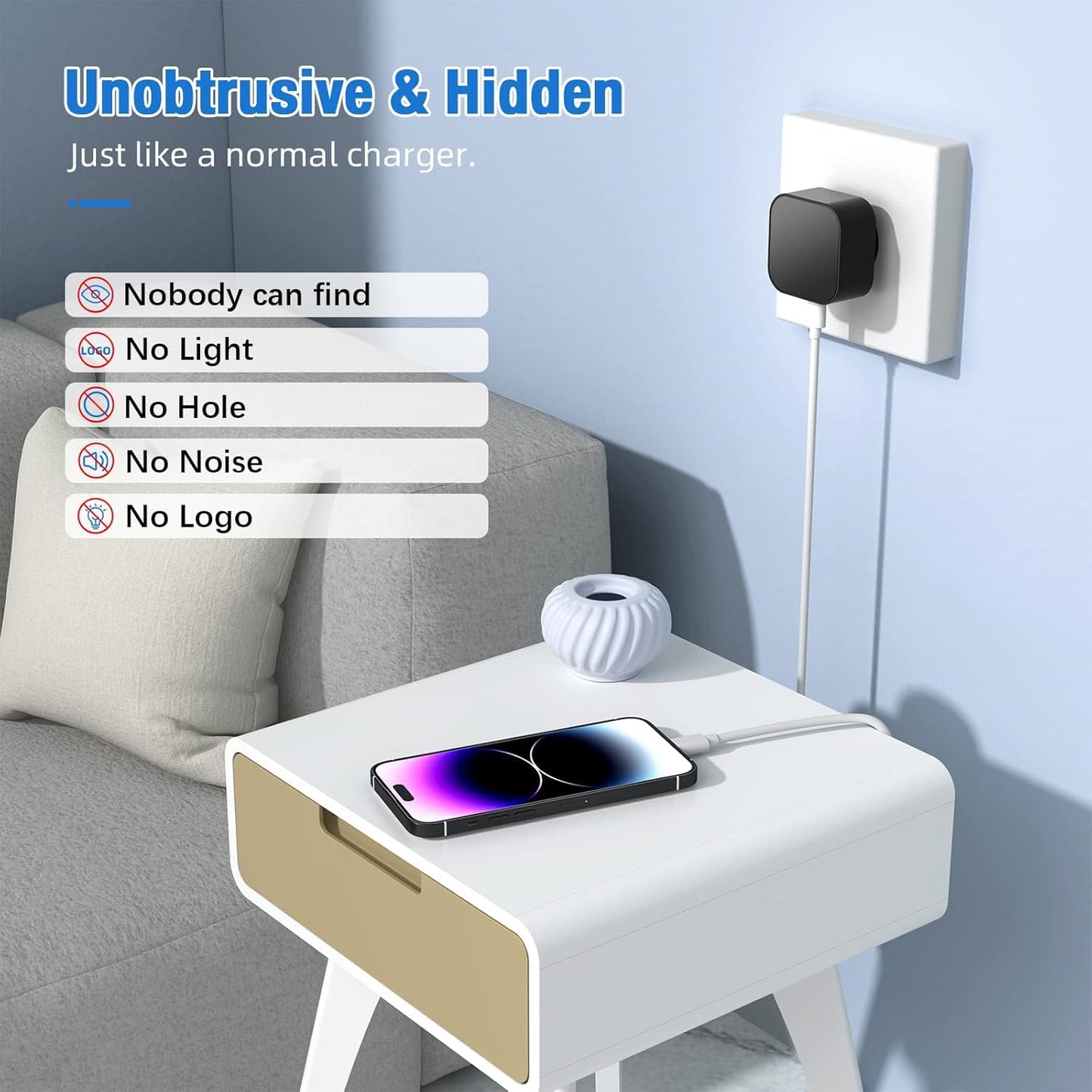 Hidden Camera Charger, 170° Wide Angle 1080p Night Vision/Motion Detection/Free App Remote Control/SD Storage/2.4G WiFi/Nanny Cam Hidden Camera for Home Security Indoor